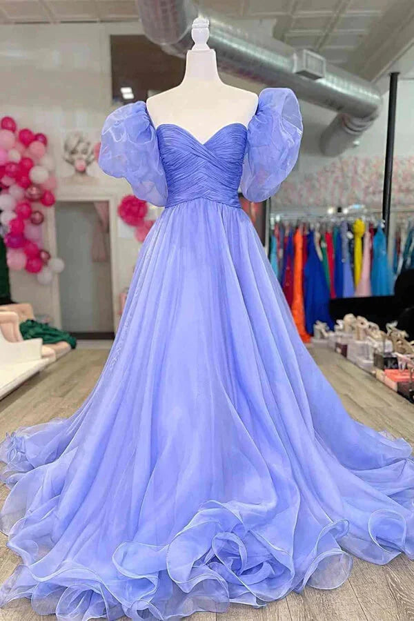 Wholesale Blue Tulle A-line Princess Puff Sleeves Pleated Sweetheart Prom Dresses