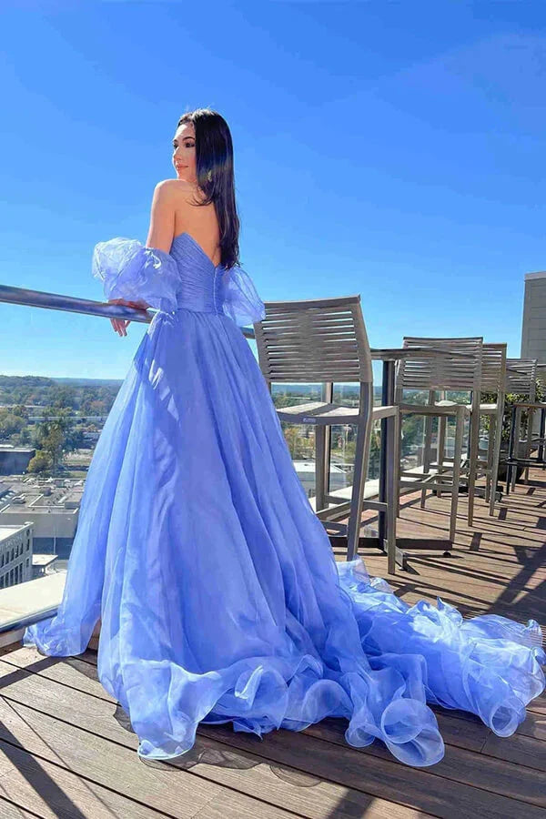 Wholesale Blue Tulle A-line Princess Puff Sleeves Pleated Sweetheart Prom Dresses