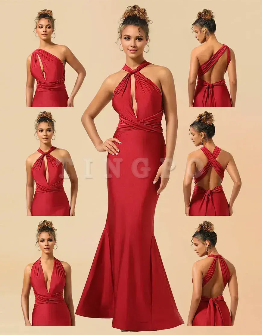 Wholesale Burgundy Mermaid Long Satin Convertible Bridesmaid Dress Bridesmaid dress shop