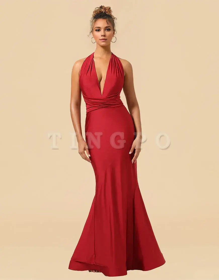 Wholesale Burgundy Mermaid Long Satin Convertible Bridesmaid Dress Bridesmaid dress shop