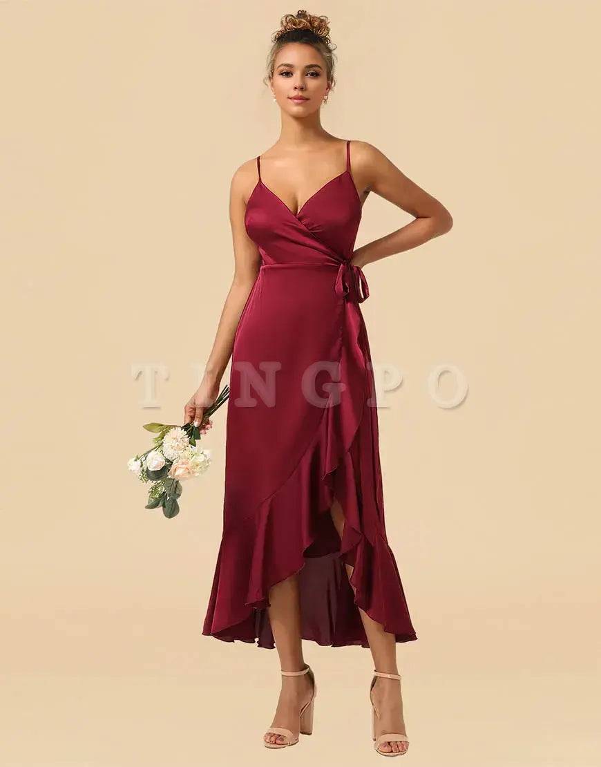 Wholesale Burgundy Spaghetti Straps Asymmetrical Satin Bridesmaid Dress Bridesmaid dress shop