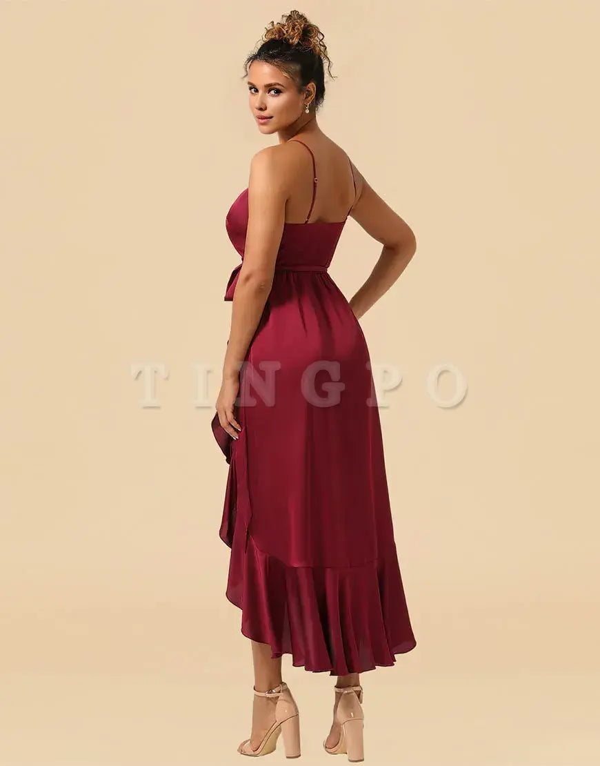 Wholesale Burgundy Spaghetti Straps Asymmetrical Satin Bridesmaid Dress Bridesmaid dress shop