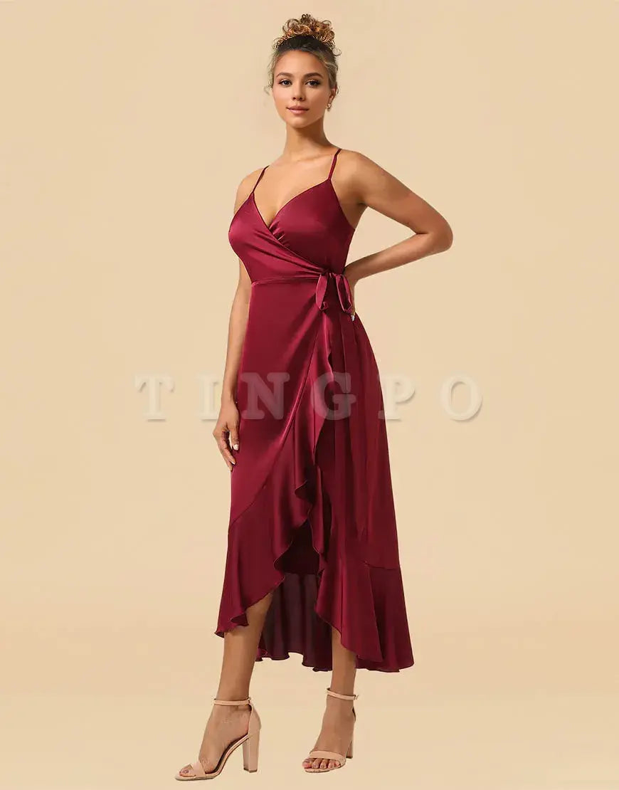 Wholesale Burgundy Spaghetti Straps Asymmetrical Satin Bridesmaid Dress Bridesmaid dress shop