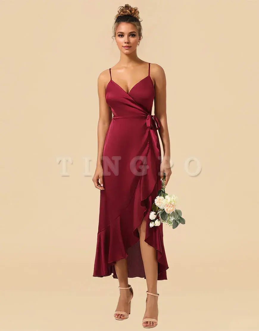 Wholesale Burgundy Spaghetti Straps Asymmetrical Satin Bridesmaid Dress Bridesmaid dress shop