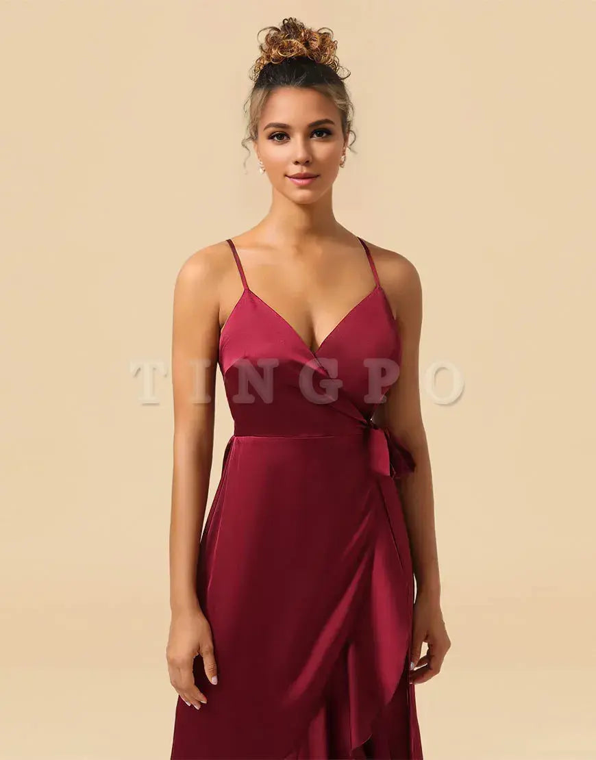 Wholesale Burgundy Spaghetti Straps Asymmetrical Satin Bridesmaid Dress Bridesmaid dress shop