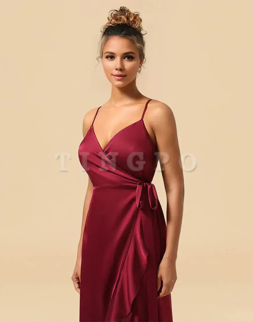 Wholesale Burgundy Spaghetti Straps Asymmetrical Satin Bridesmaid Dress Bridesmaid dress shop