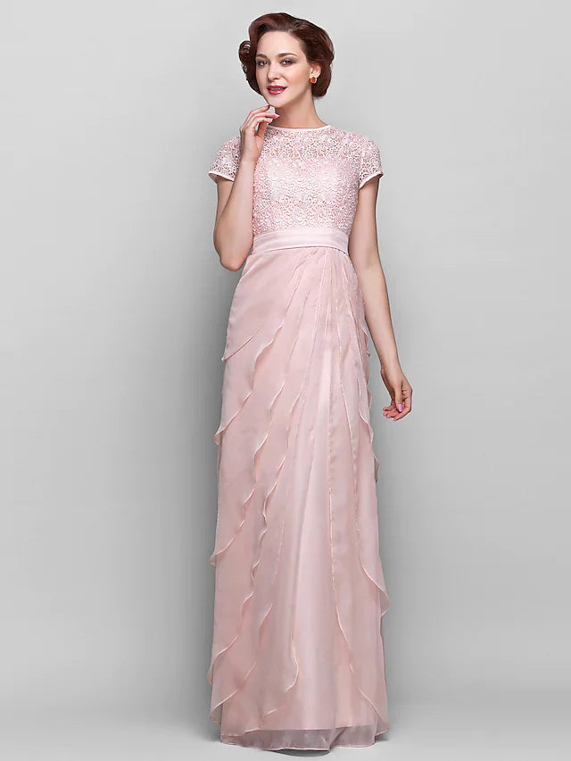 Wholesale Mother of the Bride Dress Jewel Neck Floor Length Chiffon Lace Short Sleeve with Lace Ruffles
