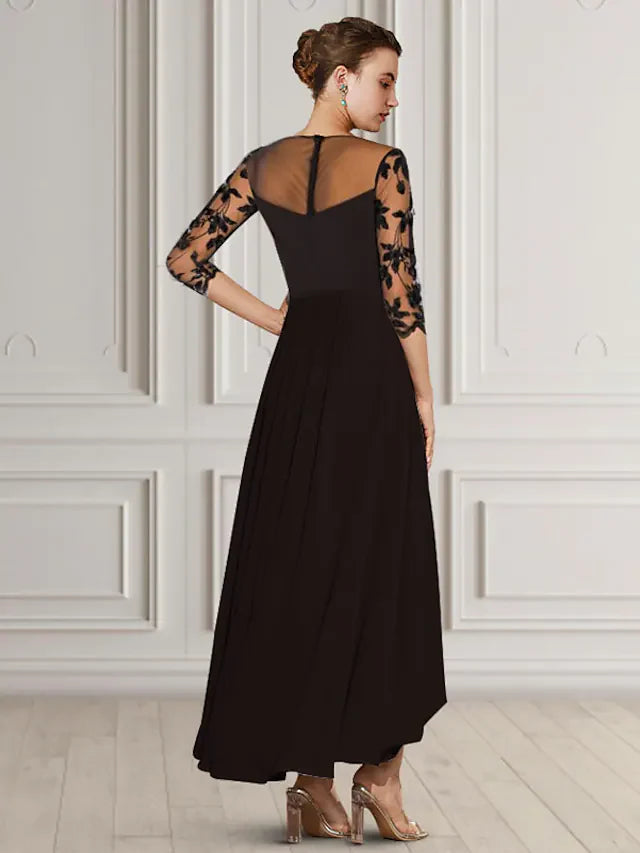 Wholesale A-Line Mother of the Bride Dress Elegant Jewel Neck Asymmetrical Tea Length Chiffon Lace Length Sleeve with Appliques