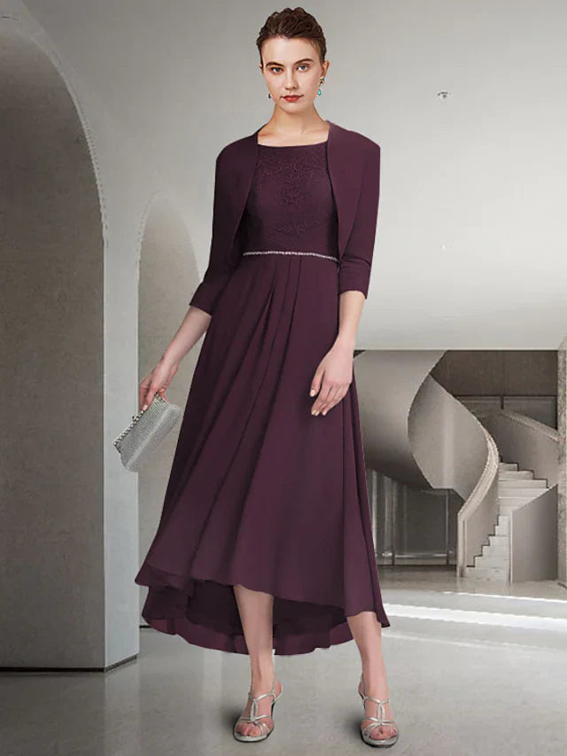 Wholesale A-Line Mother of the Bride Dress Elegant Jewel Neck Tea Length Chiffon Satin Half Sleeve with Pleats Sequin