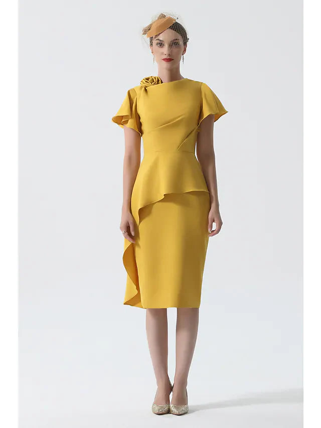 Wholesale Mother of the Bride Dress Elegant Cowl Neck Knee Length Stretch Satin Short Sleeve with Ruching