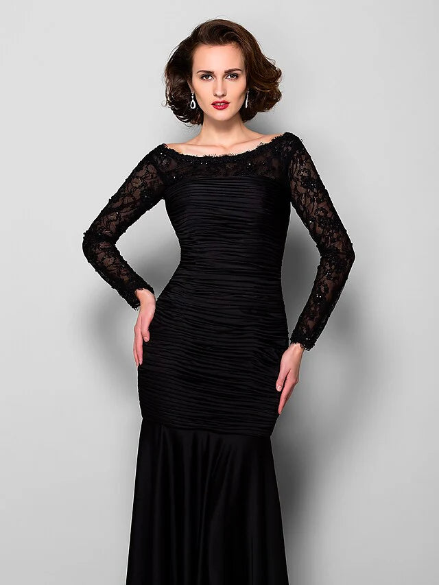 Wholesale Mother of the Bride Dress Beautiful Back Jewel Neck Lace Jersey Long Sleeve with Lace Ruched Beading