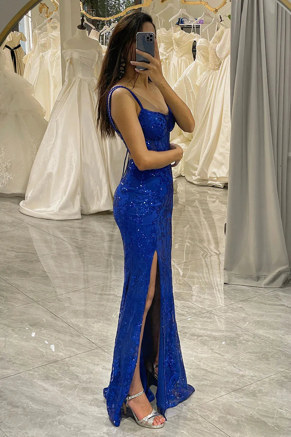 Wholesale Glitter Royal Blue Spaghetti Straps Long Corset Prom Dress With Slit