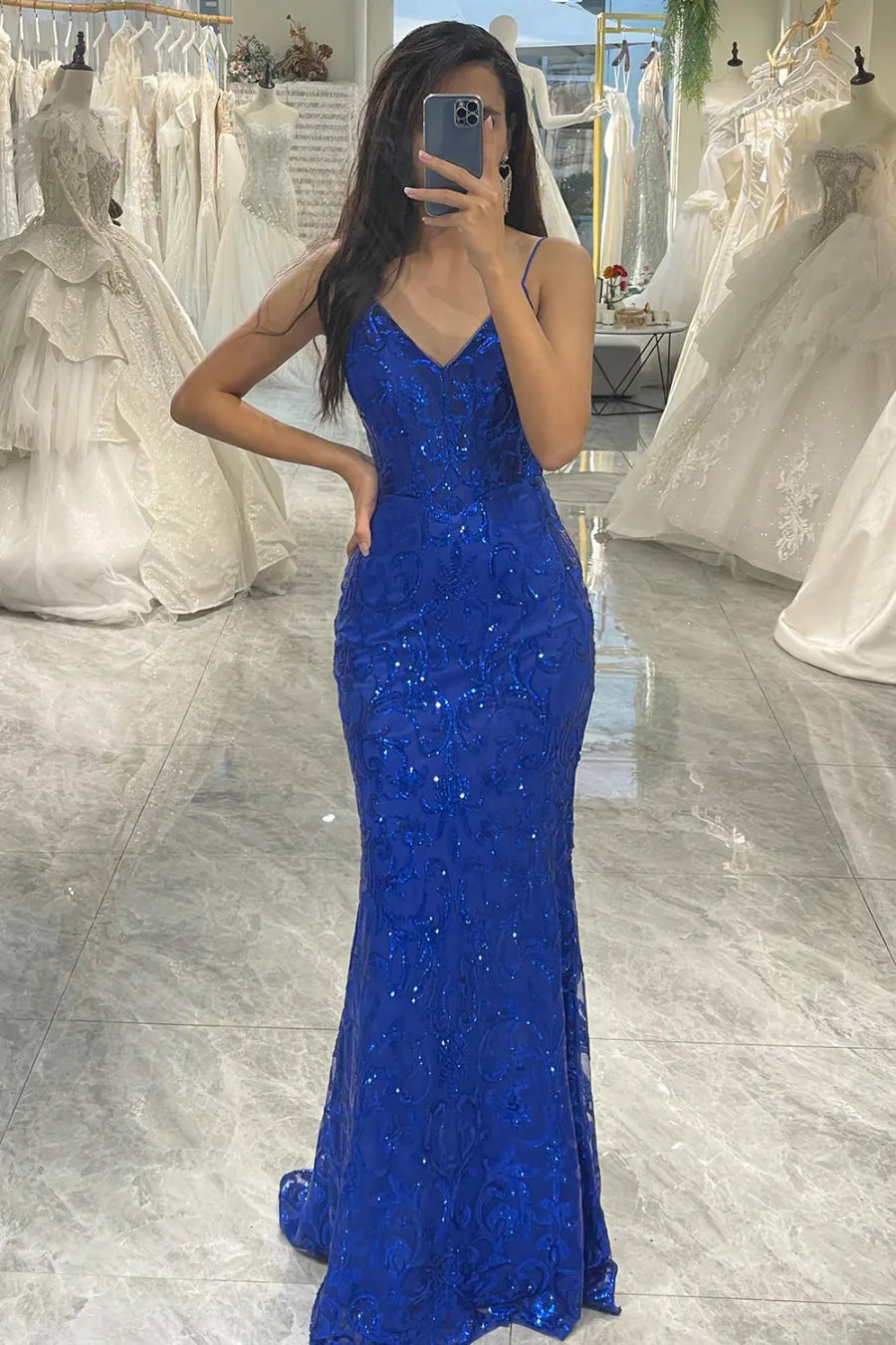 Wholesale Glitter Royal Blue Spaghetti Straps Mermaid Long Prom Dress
