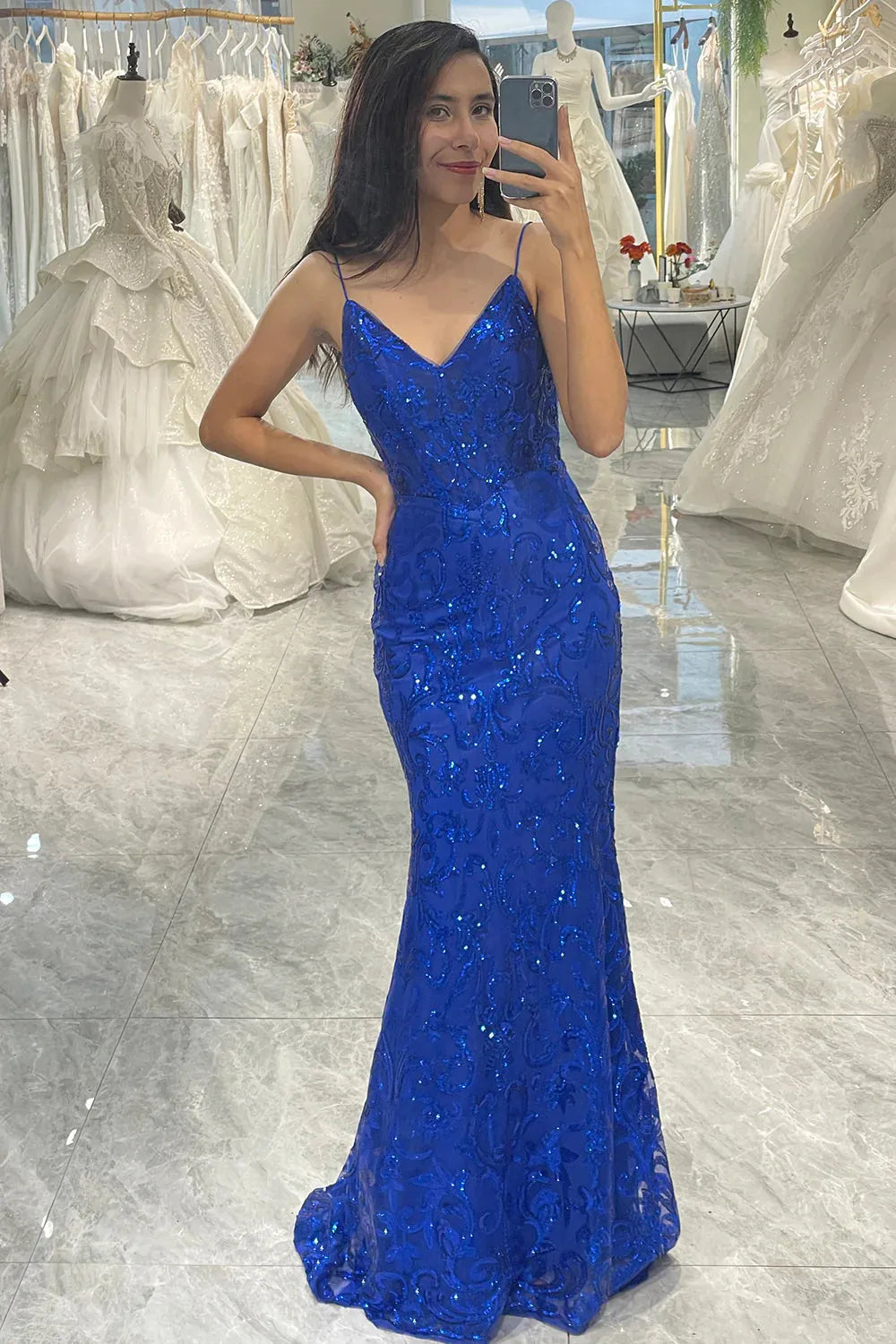 Wholesale Glitter Royal Blue Spaghetti Straps Mermaid Long Prom Dress