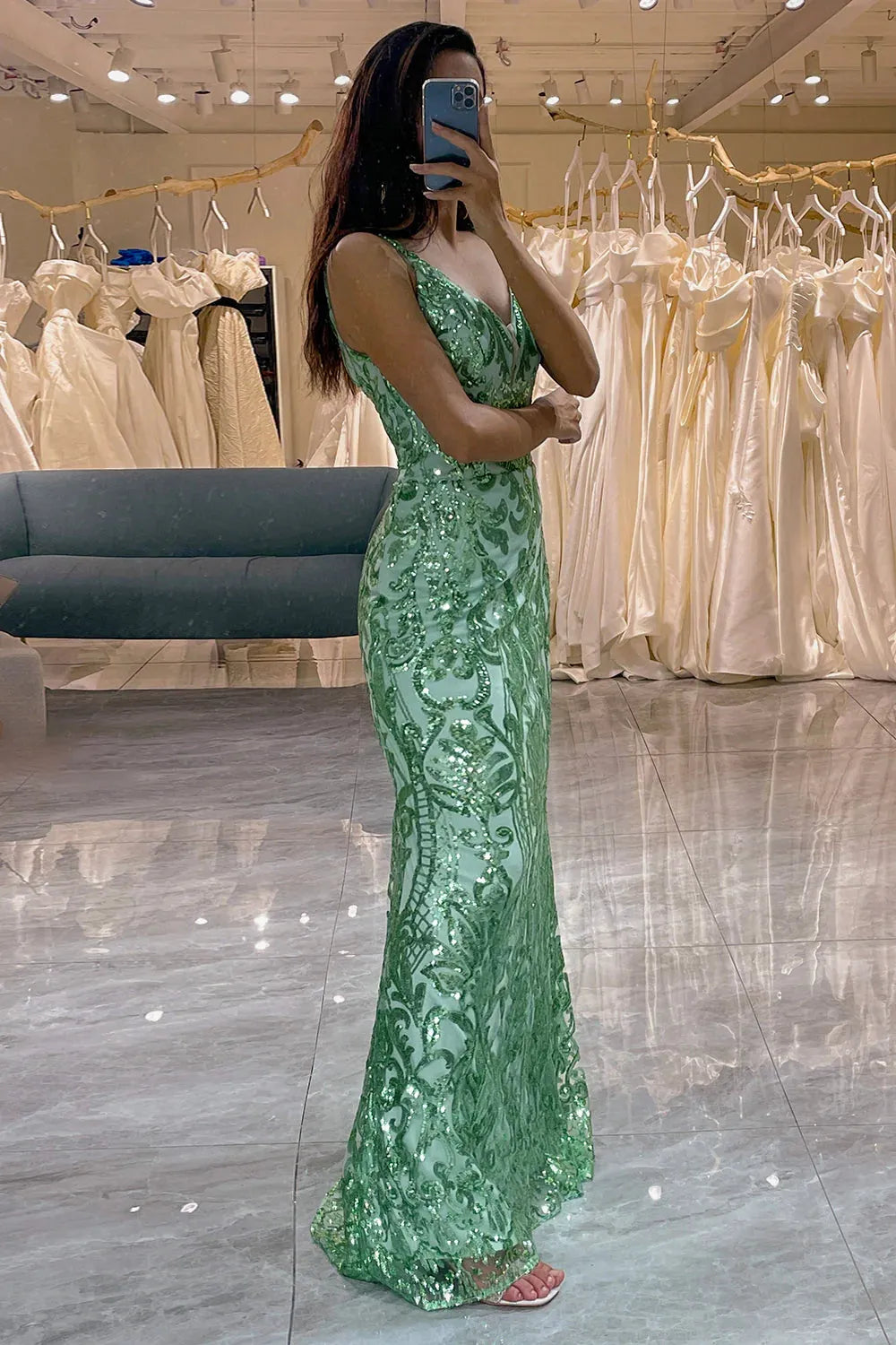 Wholesale Glitter Green Mermaid V-Neck Backless Long Prom Dress With Sequin prom dresses with long sleeves