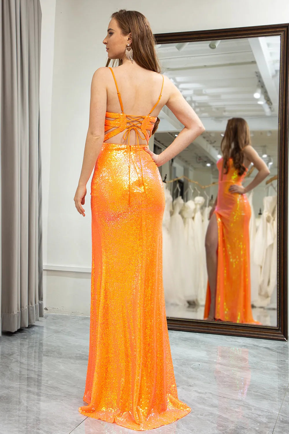 Wholesale Glitter Orange Mermaid Lace Up Long Sequin Prom Dress With Slit prom dresses shops