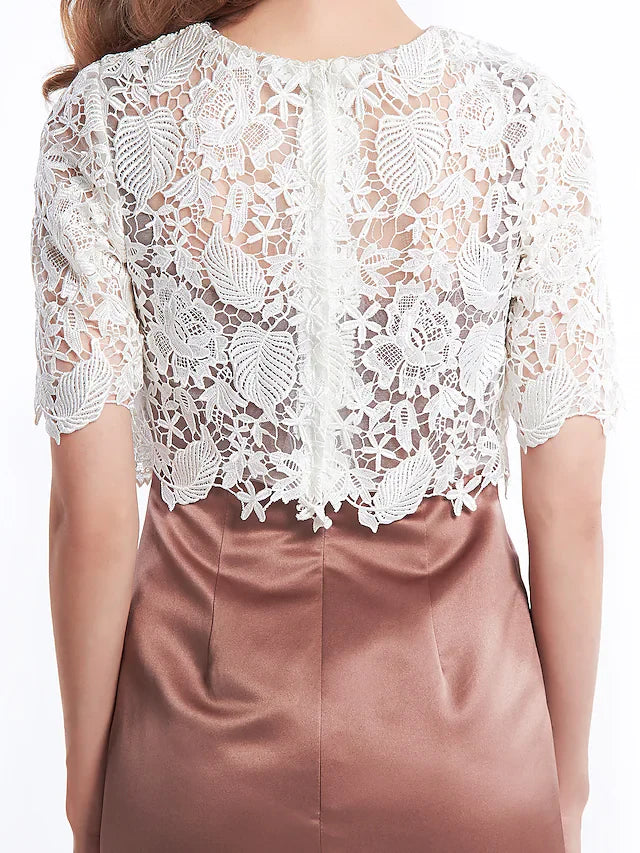 Wholesale Mother of the Bride Dress Convertible Dress Bateau Neck Short Mini Lace Satin Half Sleeve with Lace