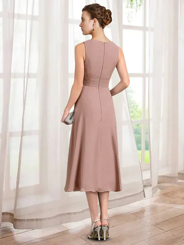 Wholesale A-Line Mother of the Bride Dress Elegant Jewel Neck Tea Length Chiffon Lace 3/4 Length Sleeve with Appliques