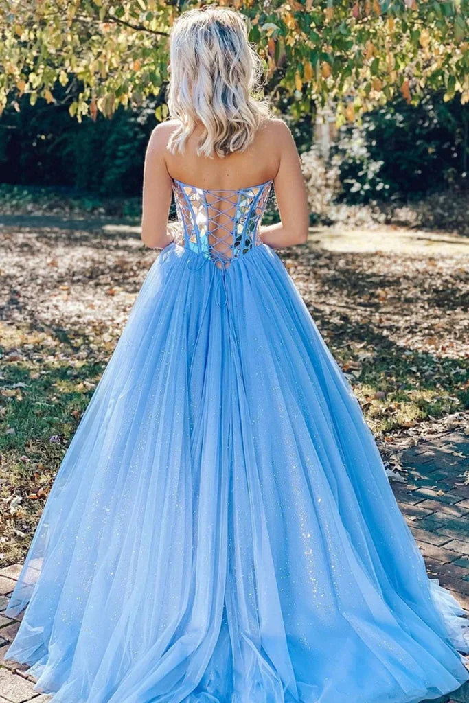 Wholesale Sparkly Sequins Sweetheart Blue Tulle Formal Prom Dress