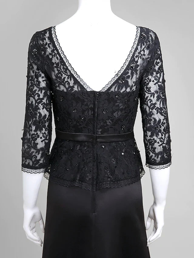 Wholesale A-Line Mother of the Bride Dress Open Back V Neck Floor Length Lace Satin Half Sleeve with Lace Bow(s)