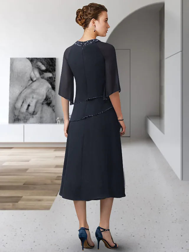 Wholesale A-Line Mother of the Bride Dress Elegant Jewel Neck Tea Length Chiffon Length Sleeve with Sequin Ruffles