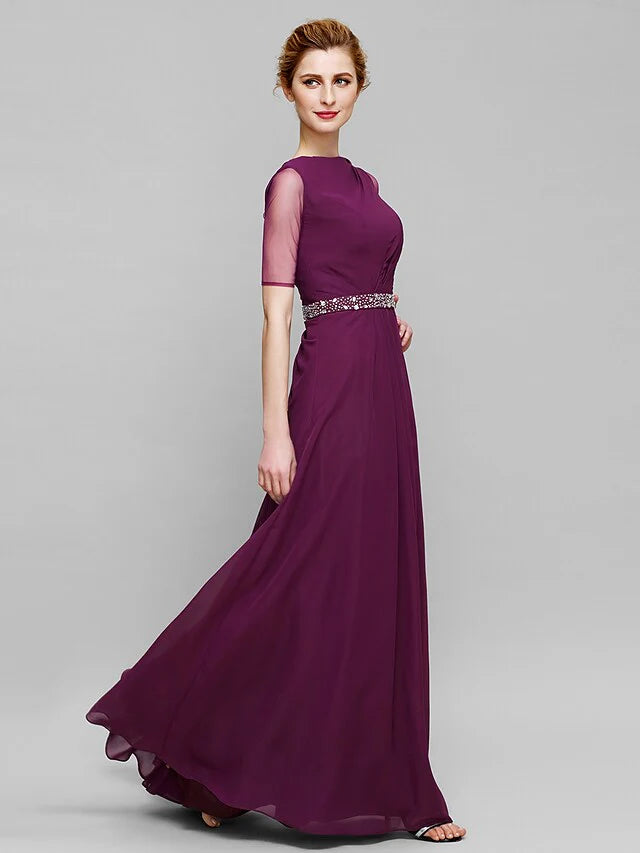 Wholesale Mother of the Bride Dress Elegant Bateau Neck Floor Length Chiffon Tulle Half Sleeve with Beading