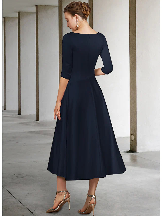 Wholesale A-Line Mother of the Bride Dress Elegant V Neck Tea Length Satin Half Sleeve with Pleats Ruching