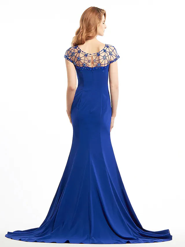 Wholesale Mother of the Bride Dress Elegant Bateau Neck Jersey Short Sleeve with Beading