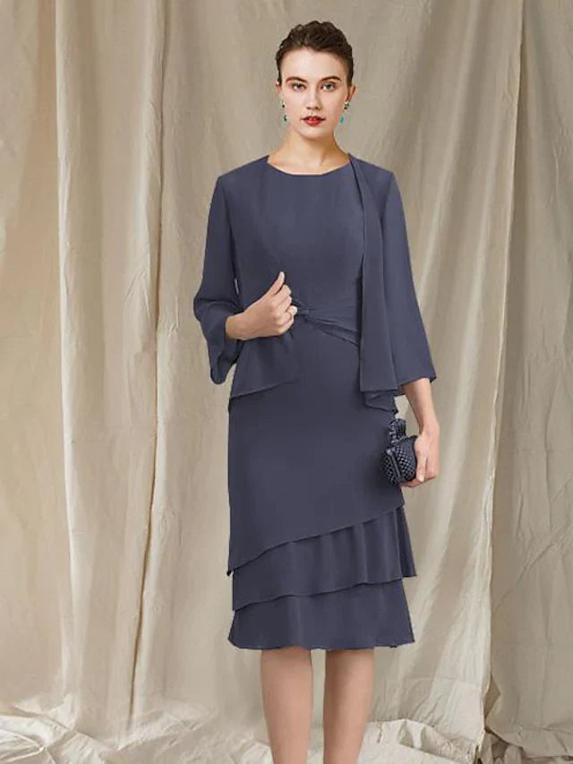 Wholesale Two Piece A-Line Mother of the Bride Dress Elegant Wrap Included Jewel Neck Knee Length Chiffon Sleeveless with Ruched Ruffles