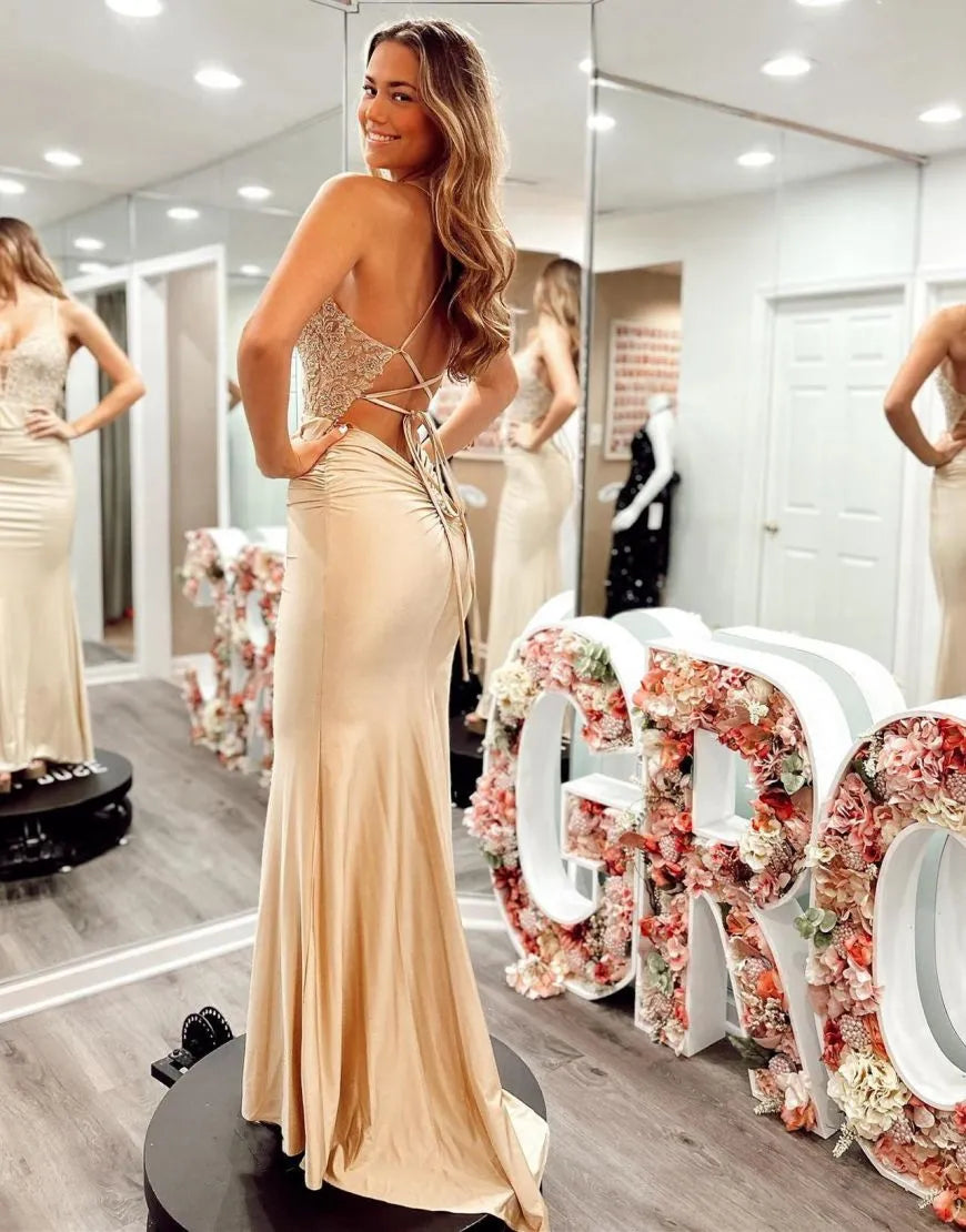 Wholesale Champagne Spaghetti Straps Corset Back Long Prom Dress prom dresses with long sleeves