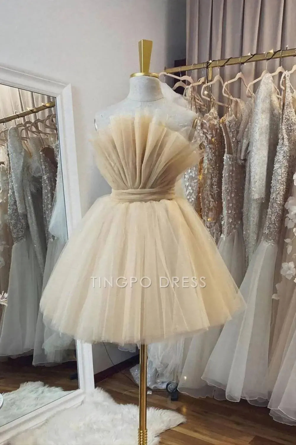 TingPo Wholesale Elegant Champagne Tulle Short Homecoming Dress With Bow Back formal wear dresses
