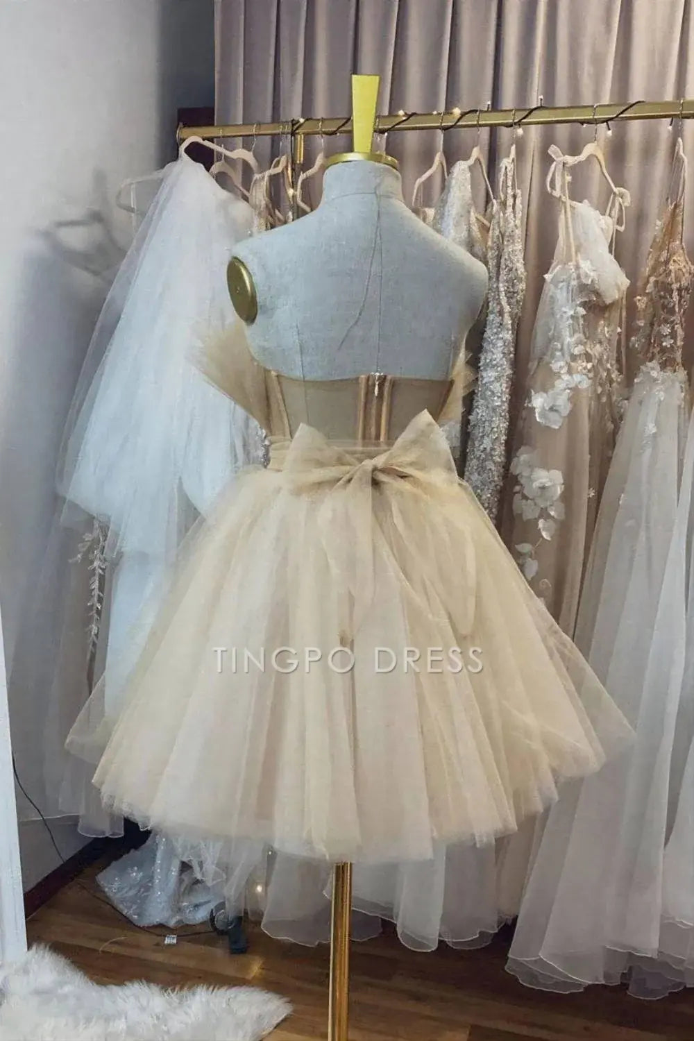 TingPo Wholesale Elegant Champagne Tulle Short Homecoming Dress With Bow Back formal wear dresses
