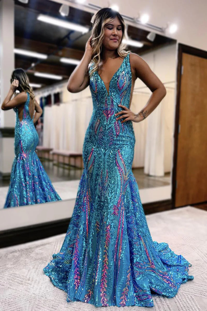 TingPo Wholesale Charming Mermaid V Neck Blue Sequin Lace Long Prom Dresses