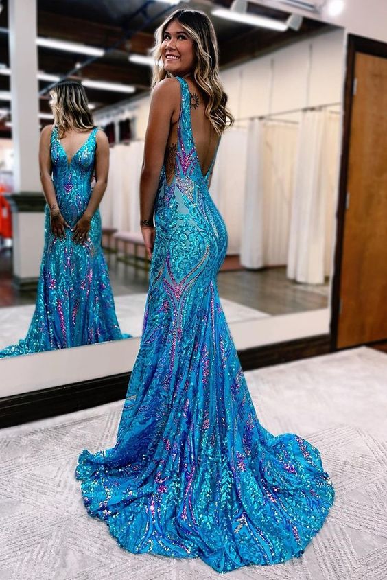 TingPo Wholesale Charming Mermaid V Neck Blue Sequin Lace Long Prom Dresses