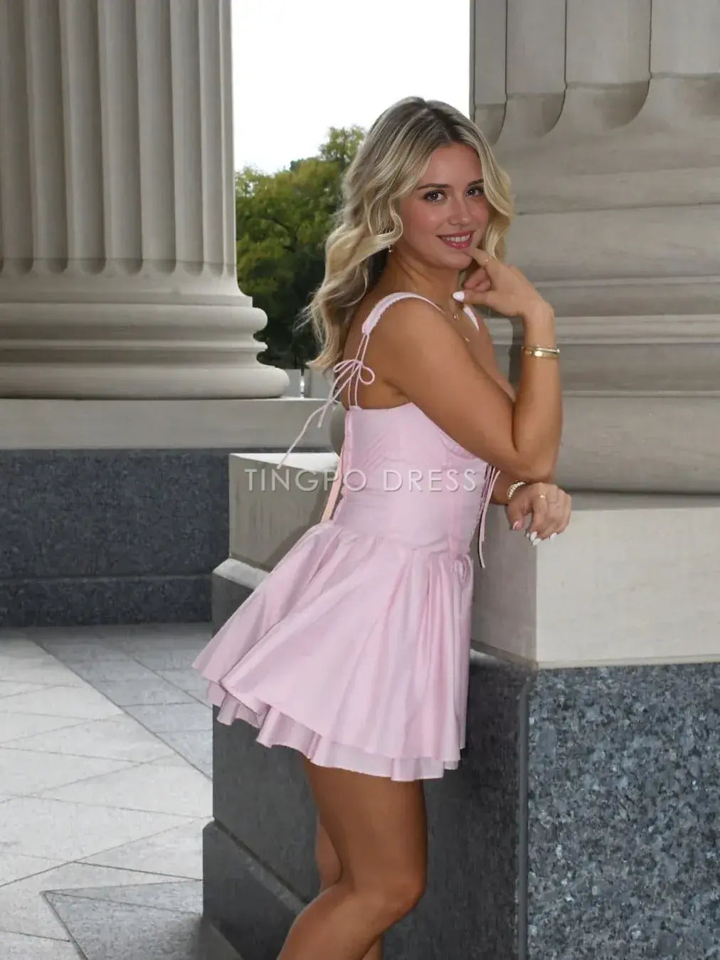 TingPo Wholesale Elegant Chic A Line Sweetheart Pink Short Homecoming Dress with Criss Cross formal wear dresses
