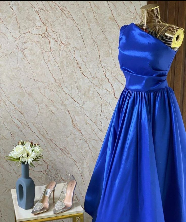 TingPo Wholesale Classy A Line One Shoulder Royal Blue Pleated Party Dress Prom Dresses Evening Dress