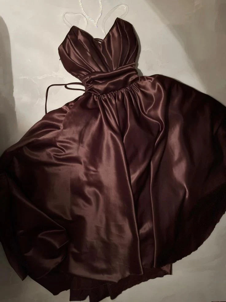 TingPo Wholesale Classy A Line Spaghetti Straps Brown Pleated Party Dress Prom Dresses Evening Dress