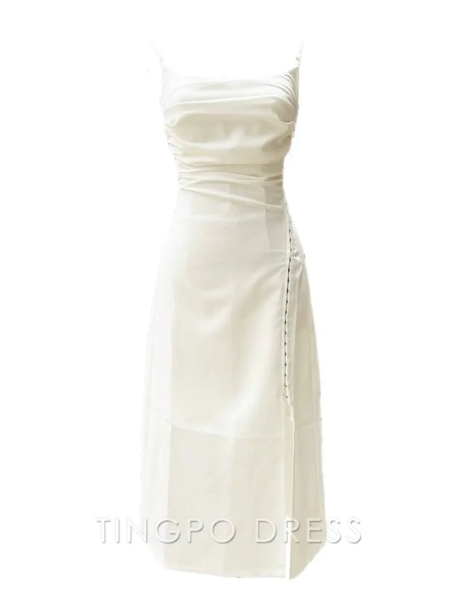 TingPo Wholesale Classy A Line Spaghetti Straps Ivory Chiffon Tea Length Prom Dresses Evening Dress With Split