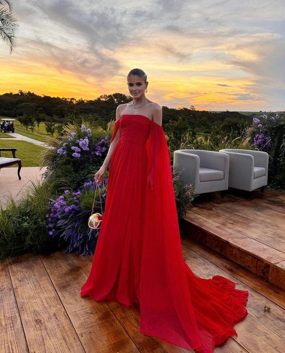 TingPo Wholesale Classy A line Off The Shoulder Red Chiffon Long Prom Dresses Evening Dress With Cape