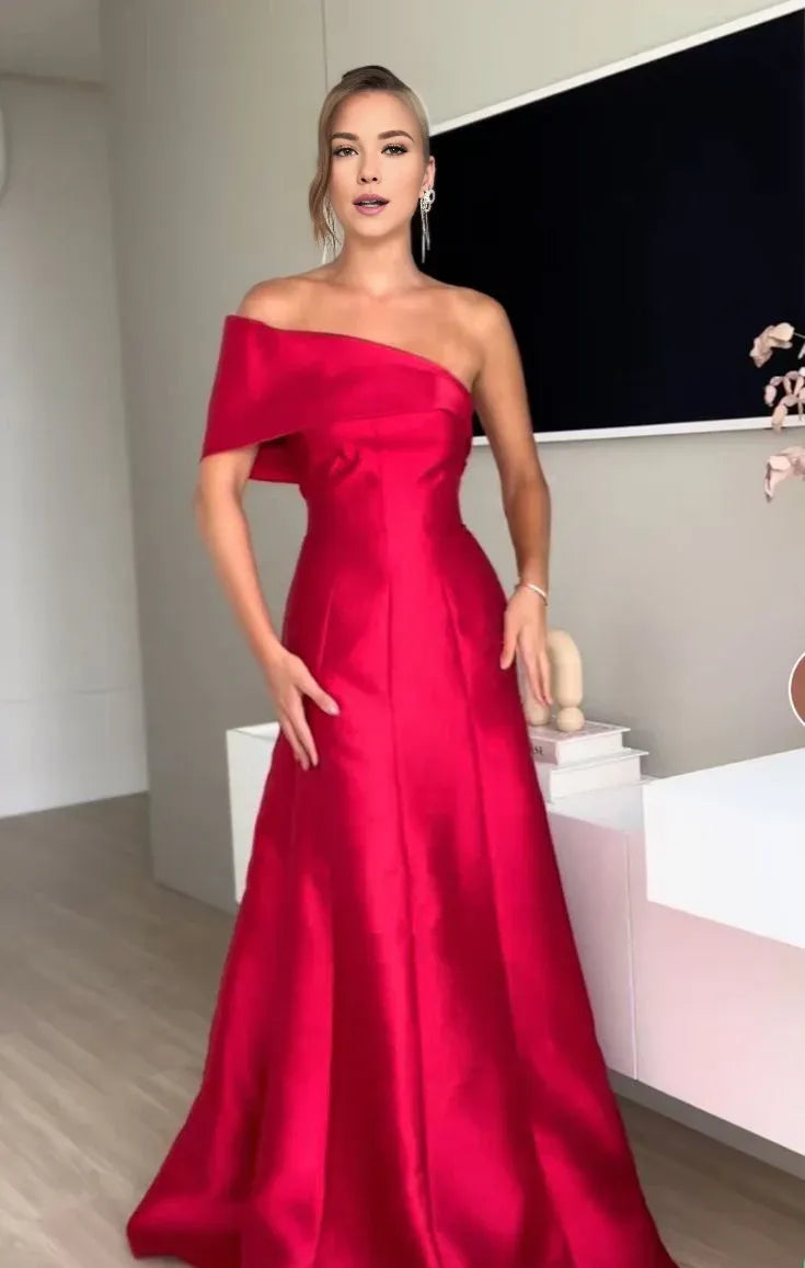 Wholesale Classy A line One Shoulder Red Satin Long Prom Dresses Evening Dress formal wear dresses