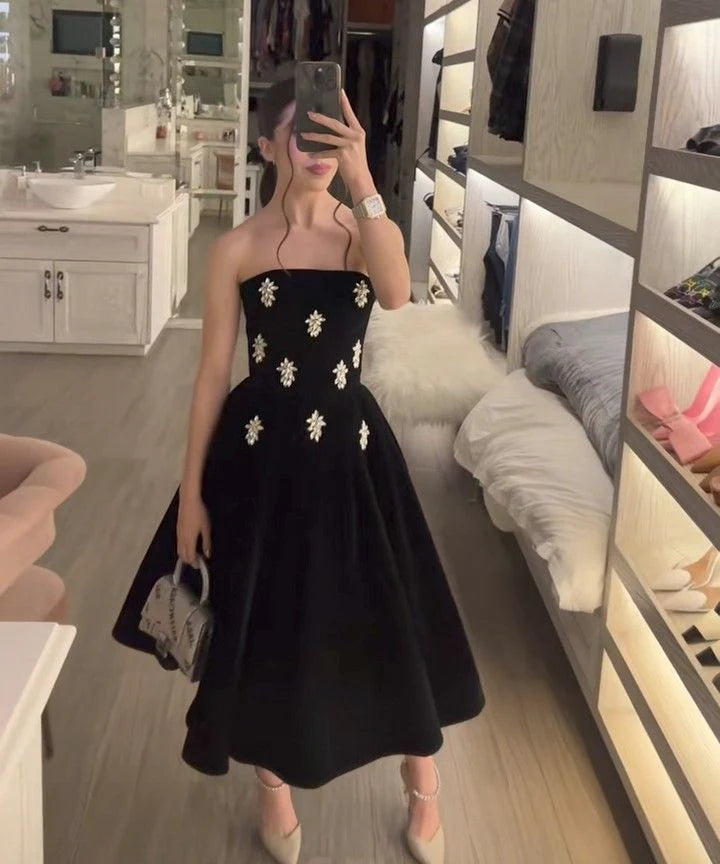 TingPo Wholesale Classy Ball Gown Strapless Black Satin Party Dress Prom Dresses Evening Dress formal wear dresses