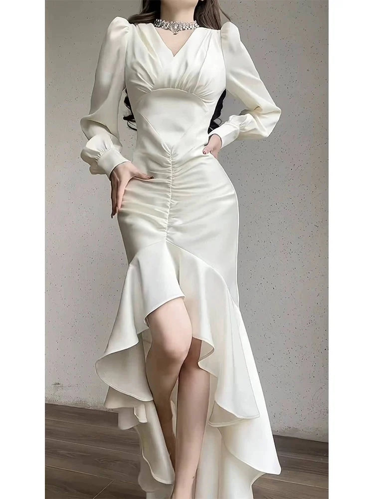 TingPo Wholesale Classy High Low V Neckline Ankle Length White Prom Dresses Evening Dress