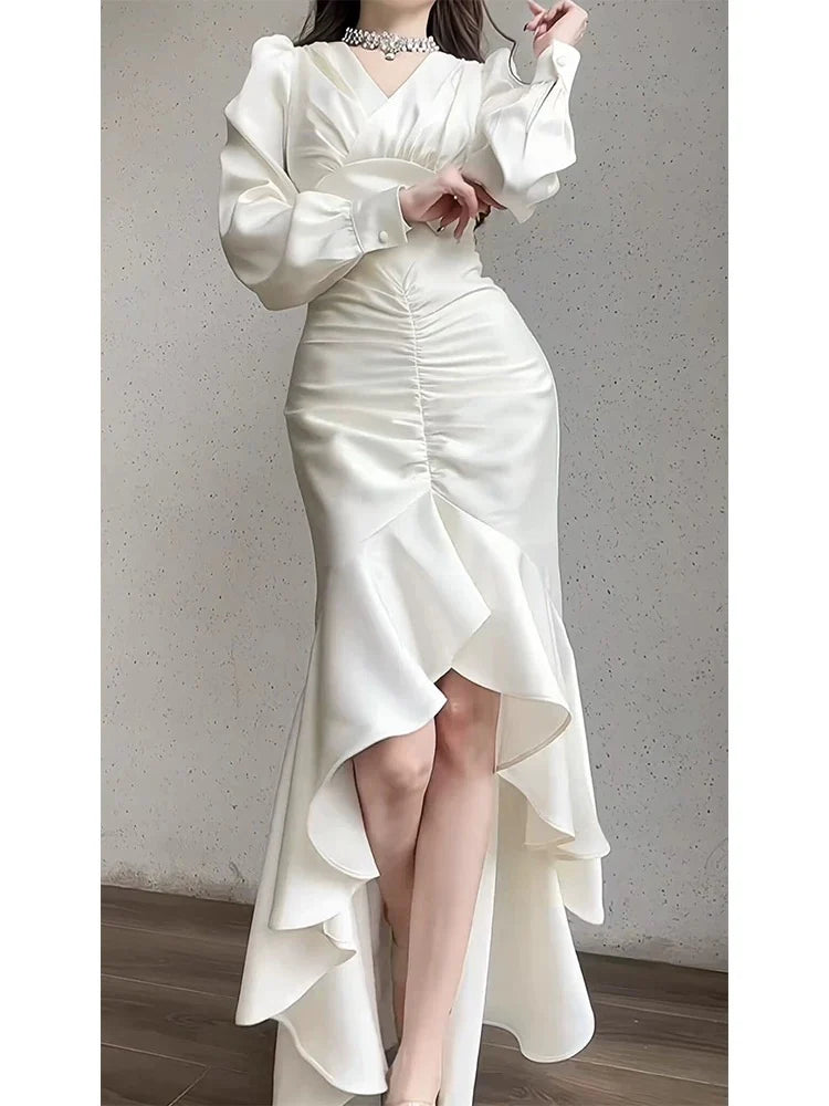 TingPo Wholesale Classy High Low V Neckline Ankle Length White Prom Dresses Evening Dress