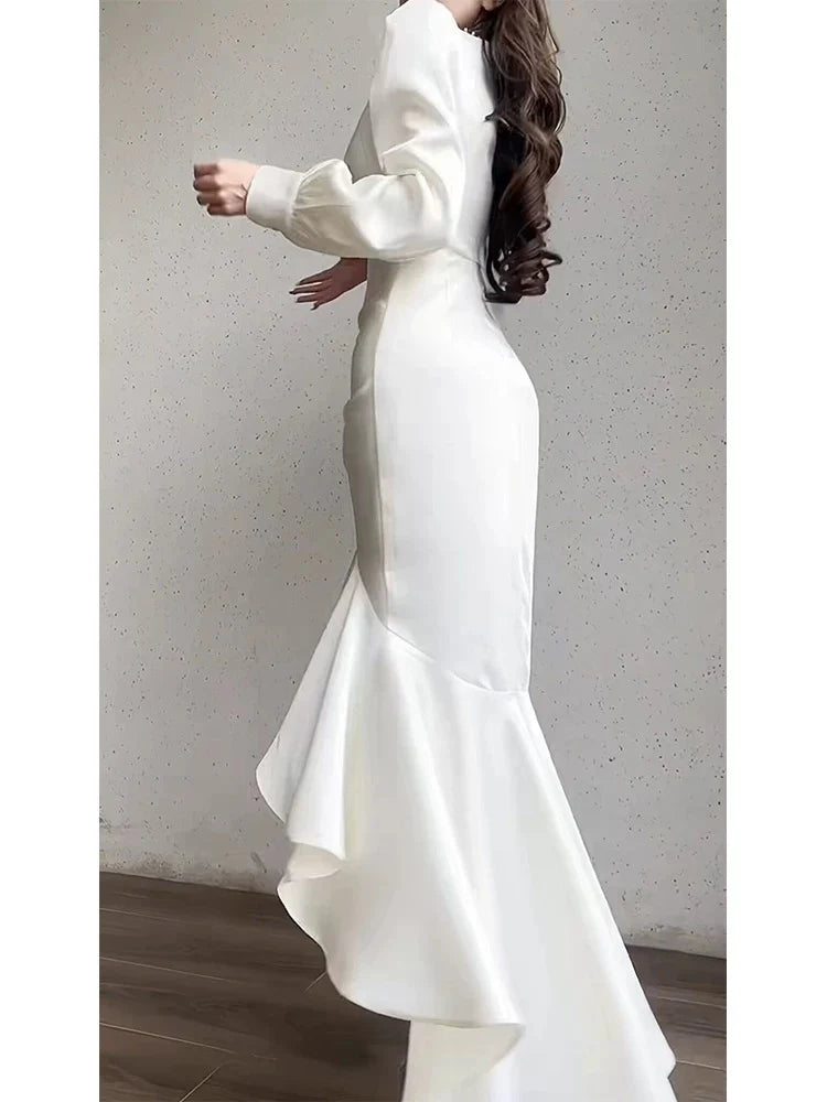 TingPo Wholesale Classy High Low V Neckline Ankle Length White Prom Dresses Evening Dress