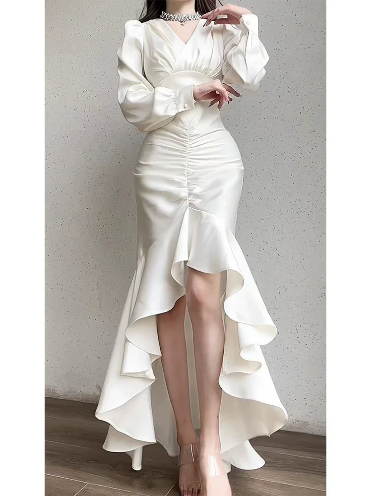 TingPo Wholesale Classy High Low V Neckline Ankle Length White Prom Dresses Evening Dress