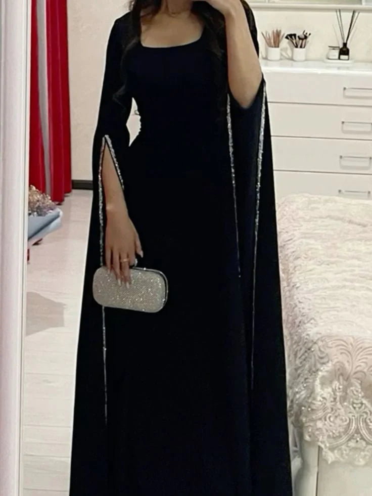 TingPo Wholesale Classy Sheath Square Neckline Long Sleeves Black Long Party Dress Prom Dresses Evening Dress