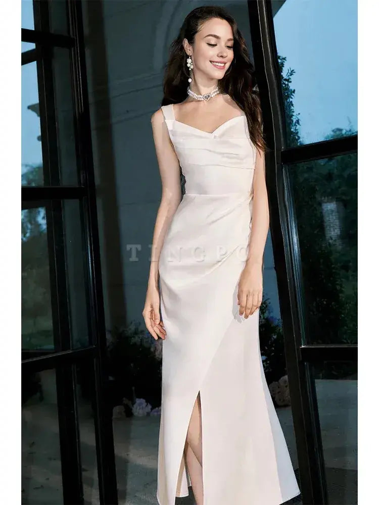 Wholesale Classy Sheath Straps Sleeveless Ivory Satin Knee Length Prom Dresses Evening Dress formal wear dresses