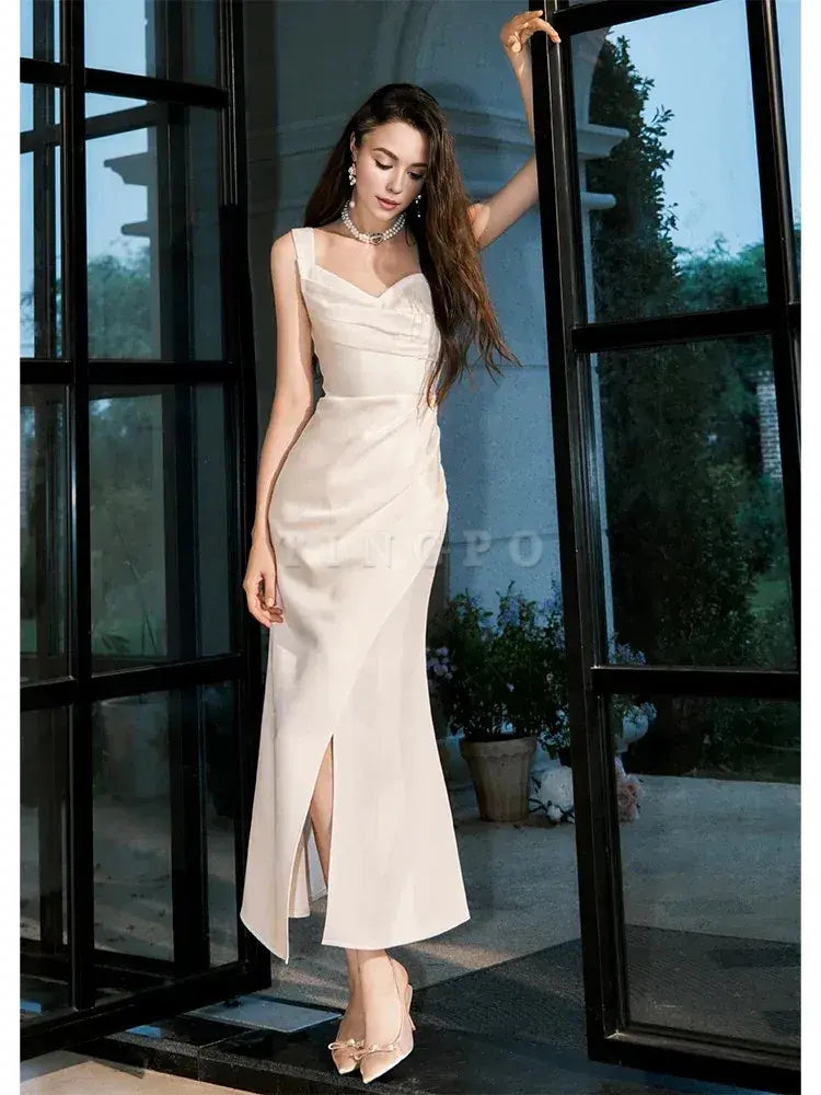 Wholesale Classy Sheath Straps Sleeveless Ivory Satin Knee Length Prom Dresses Evening Dress formal wear dresses