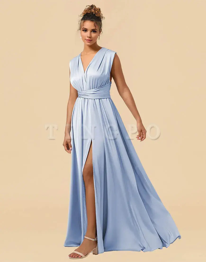 Wholesale Convertible Satin A-line Floor Length Bridesmaid Dress With Split Bridesmaid dress shop