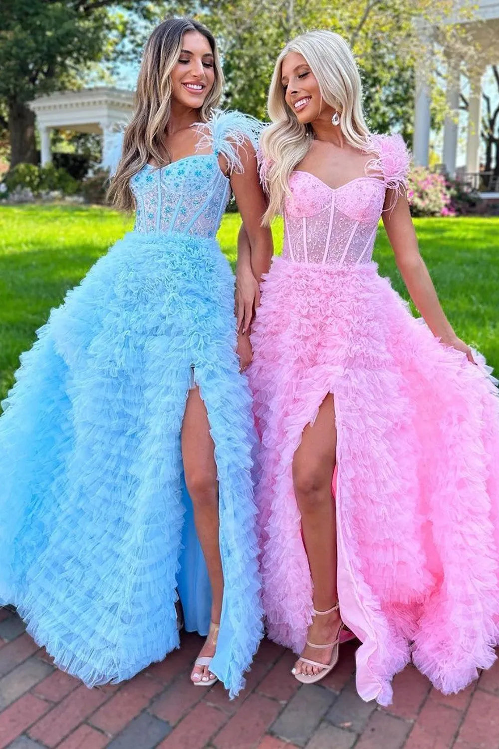 Wholesale Cute A-Line Feather Straps Long Ruffle Prom Dress With Split long prom dresses with sleeves